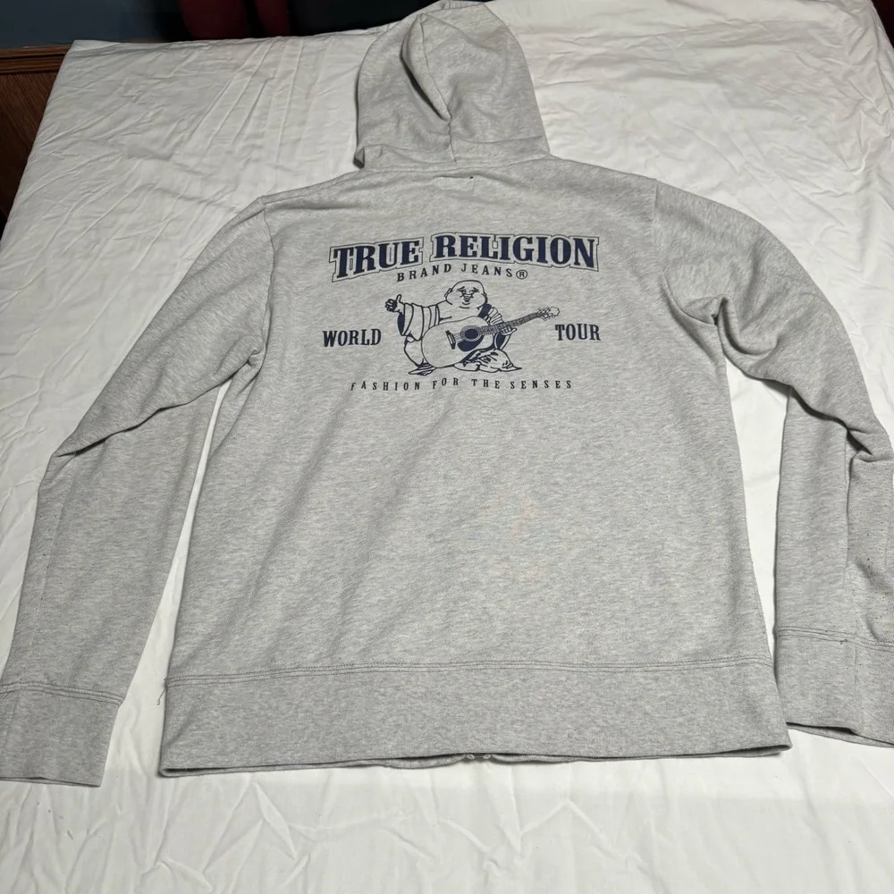 Men's True Religion Gray Full-Zip Hoodie L with Navy Blue Logo #86